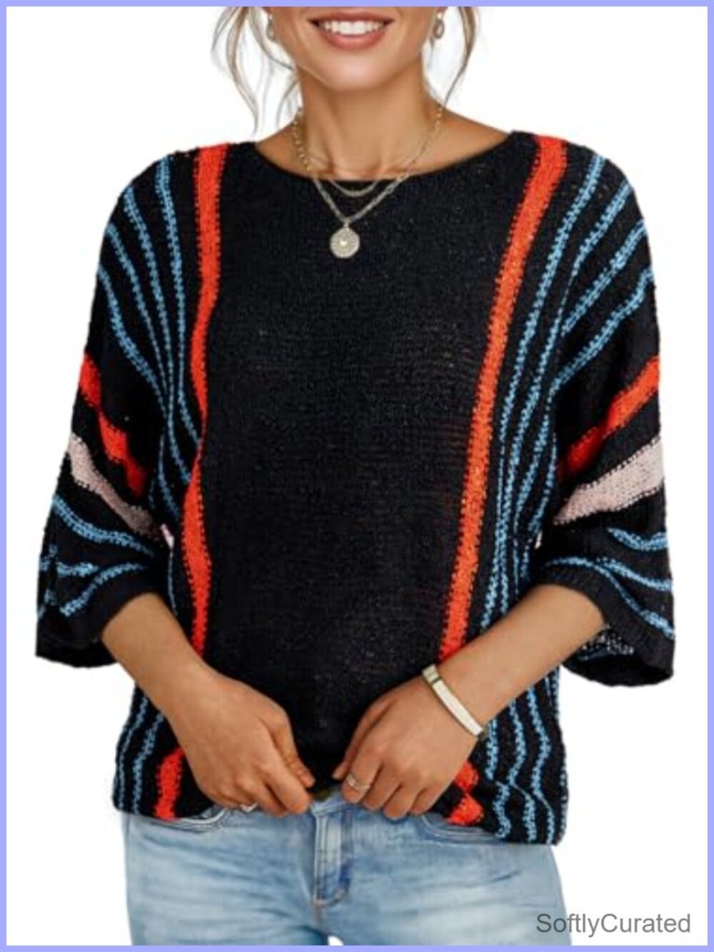 Womens Crewneck 3/4 Sleeve Knit Pullover Sweater Loose Fit Textured